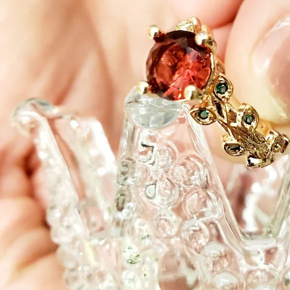 Grand Romantic Gesture Red Ruby Rose Emerald Green Leaf Gemstone 925 Golden Ring - Picture 6 of 16